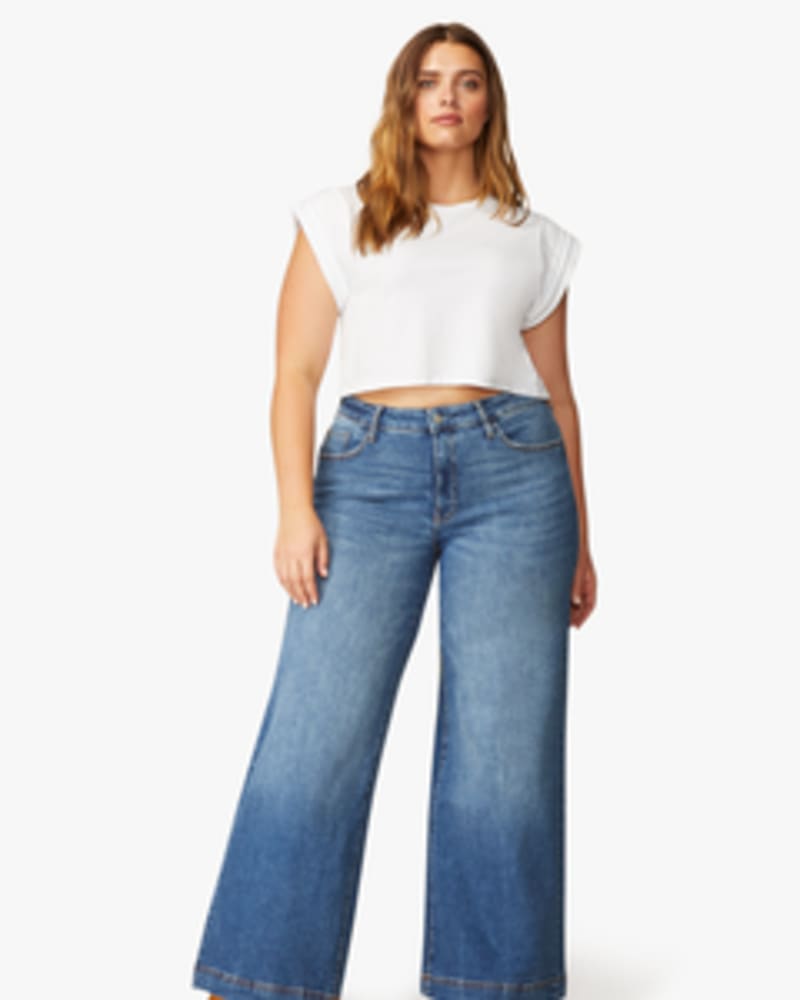 Front of a model wearing a size 14 Pamela Wide-Leg Jeans in Sparrow by Warp + Weft. | dia_product_style_image_id:248970